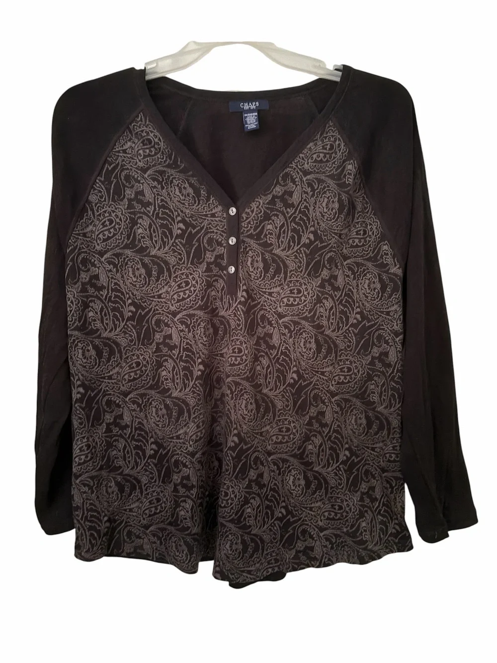 Chaps Black Paisley Henley Three Quarter Length Sleeve Top 3X Vintage